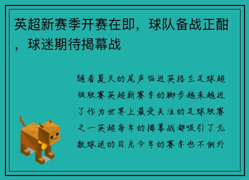 英超新赛季开赛在即，球队备战正酣，球迷期待揭幕战